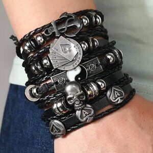 Men's Genuine Black & Silver Leather Bracelet Set